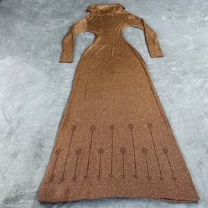 Vintage Wenjilli Maxi Dress Women 7/8 Metallic 70s Turtleneck Lurex Knit Gown‎